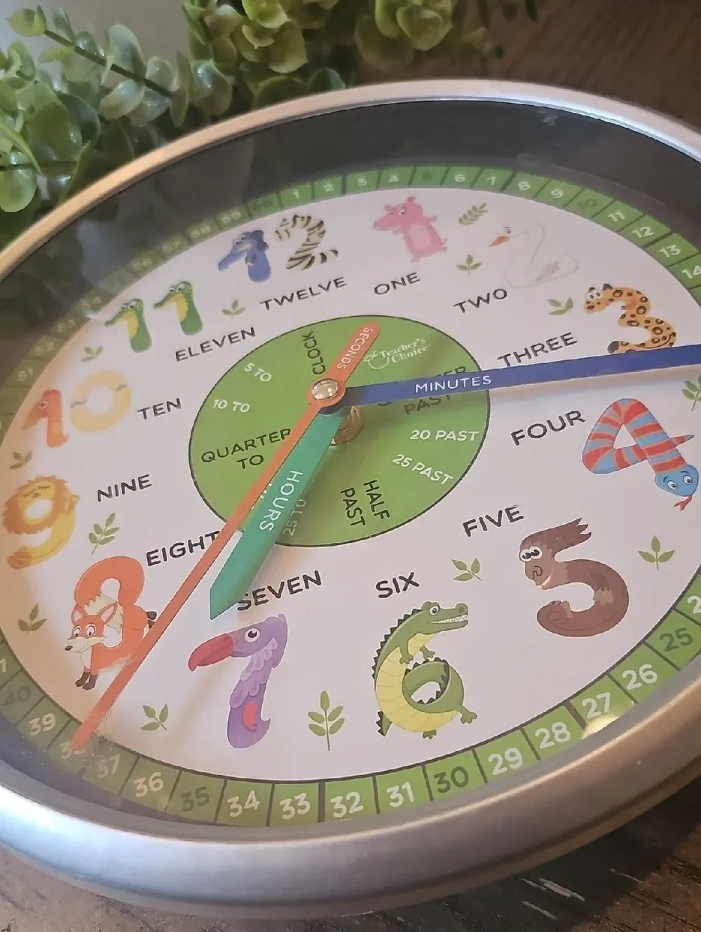 Kids Learning Wall Clock - Colorful Animal Numbers (Green, Blue, Orange)
